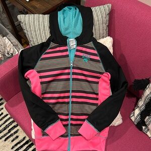 Nike girls black, pink, and teal zip up hoodie